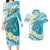 Turquoise Hawaii Shark Tattoo Couples Matching Long Sleeve Bodycon Dress and Hawaiian Shirt Frangipani With Polynesian Pastel Version