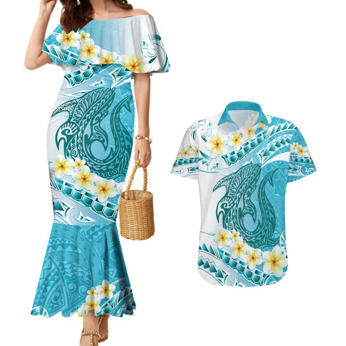 Turquoise Hawaii Shark Tattoo Couples Matching Mermaid Dress and Hawaiian Shirt Frangipani With Polynesian Pastel Version