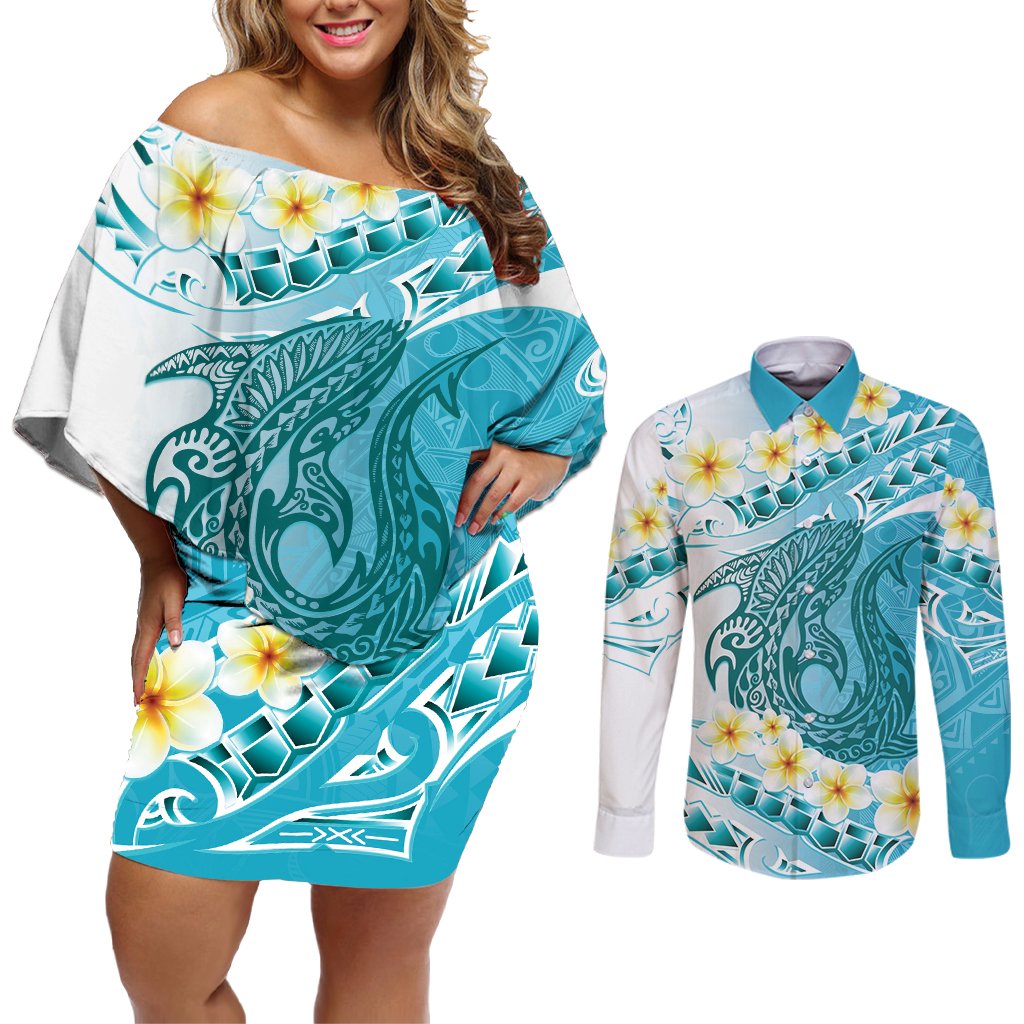 Turquoise Hawaii Shark Tattoo Couples Matching Off Shoulder Short Dress and Long Sleeve Button Shirt Frangipani With Polynesian Pastel Version LT14 Turquoise - Polynesian Pride