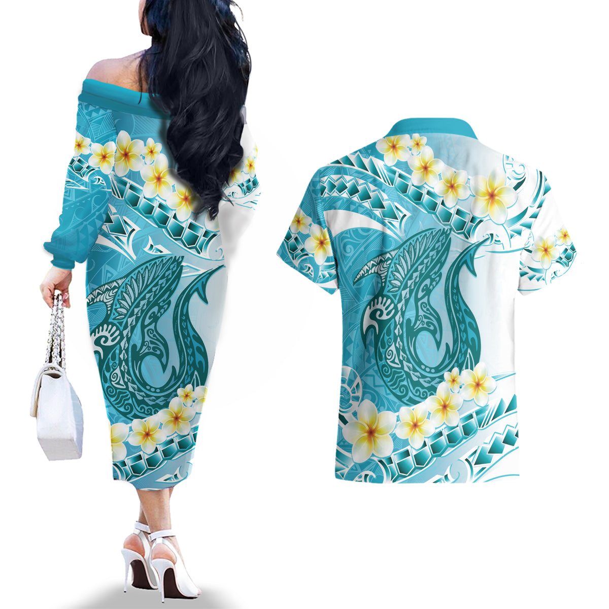 Turquoise Hawaii Shark Tattoo Couples Matching Off The Shoulder Long Sleeve Dress and Hawaiian Shirt Frangipani With Polynesian Pastel Version