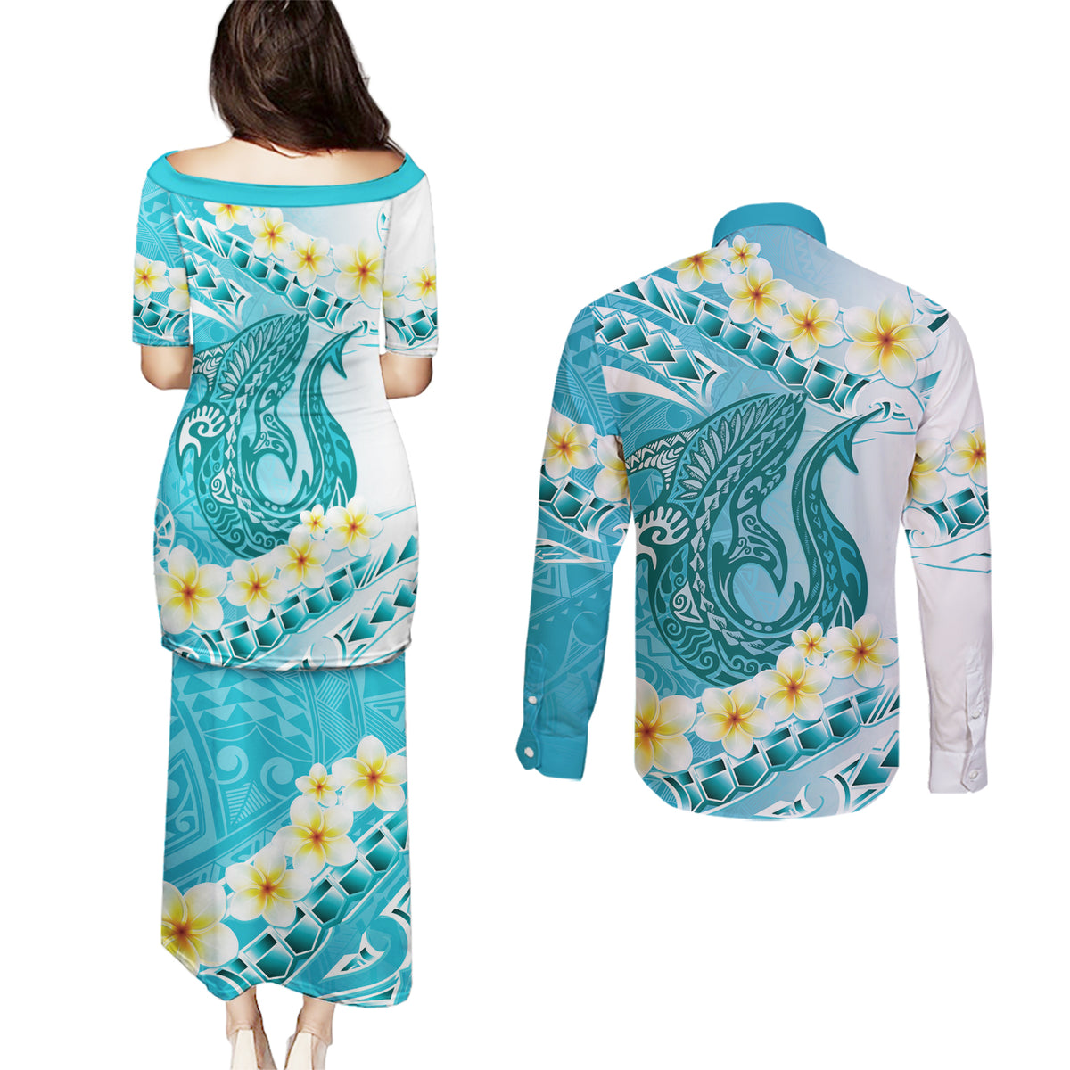 Turquoise Hawaii Shark Tattoo Couples Matching Puletasi and Long Sleeve Button Shirt Frangipani With Polynesian Pastel Version LT14 - Polynesian Pride