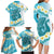 Turquoise Hawaii Shark Tattoo Family Matching Long Sleeve Bodycon Dress and Hawaiian Shirt Frangipani With Polynesian Pastel Version