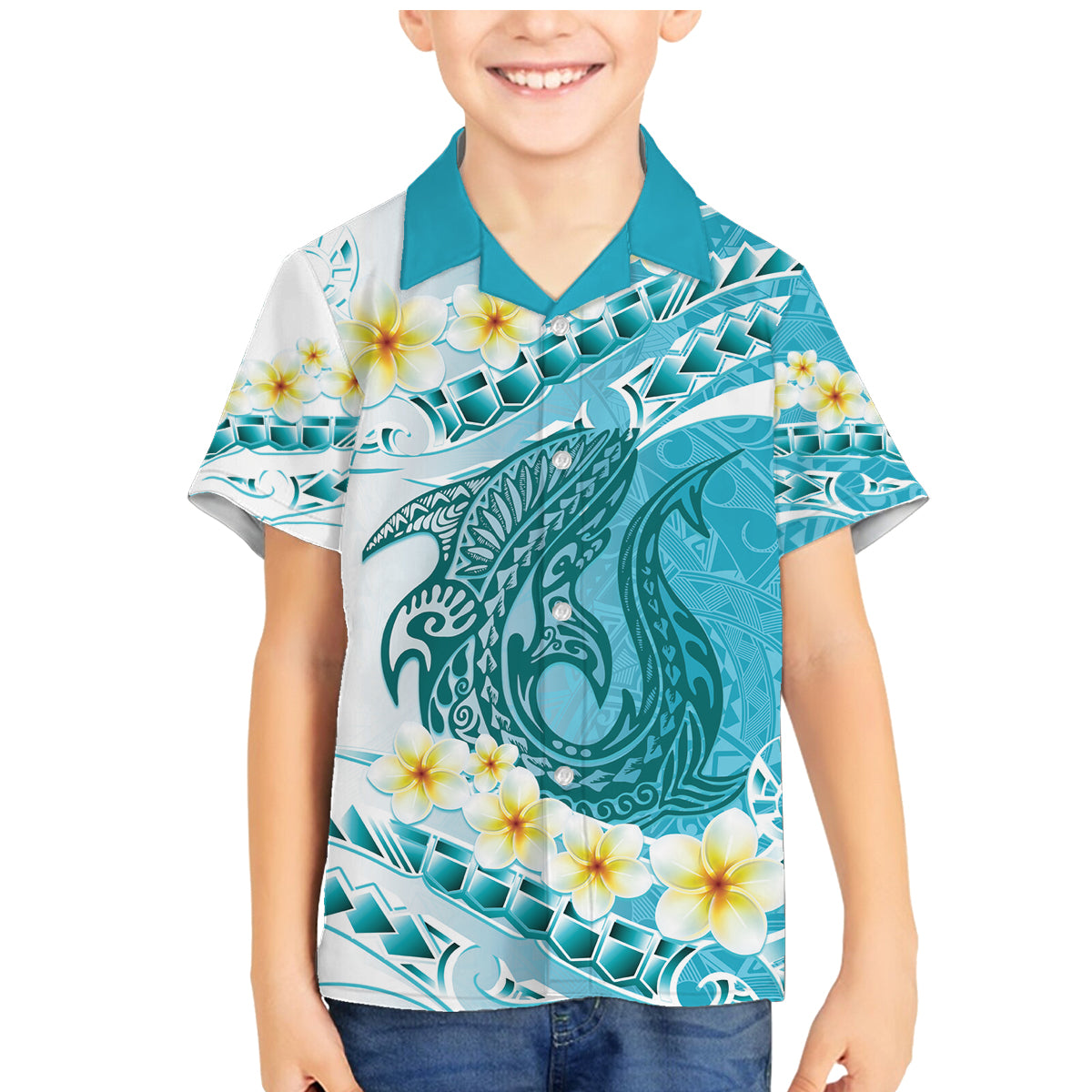 Turquoise Hawaii Shark Tattoo Family Matching Mermaid Dress and Hawaiian Shirt Frangipani With Polynesian Pastel Version