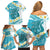 Turquoise Hawaii Shark Tattoo Family Matching Off Shoulder Short Dress and Hawaiian Shirt Frangipani With Polynesian Pastel Version