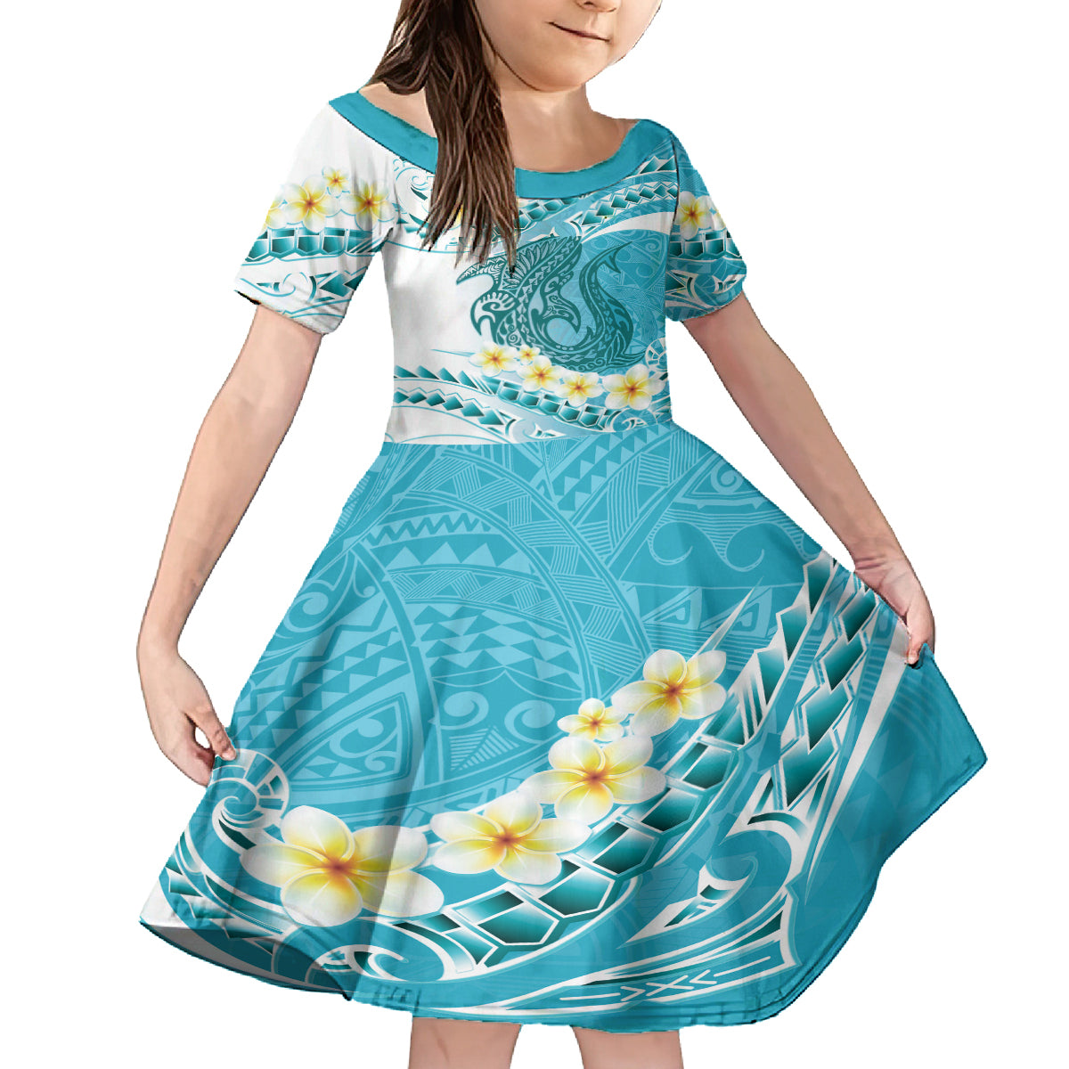 Turquoise Hawaii Shark Tattoo Family Matching Puletasi and Hawaiian Shirt Frangipani With Polynesian Pastel Version LT14 Daughter's Dress Turquoise - Polynesian Pride