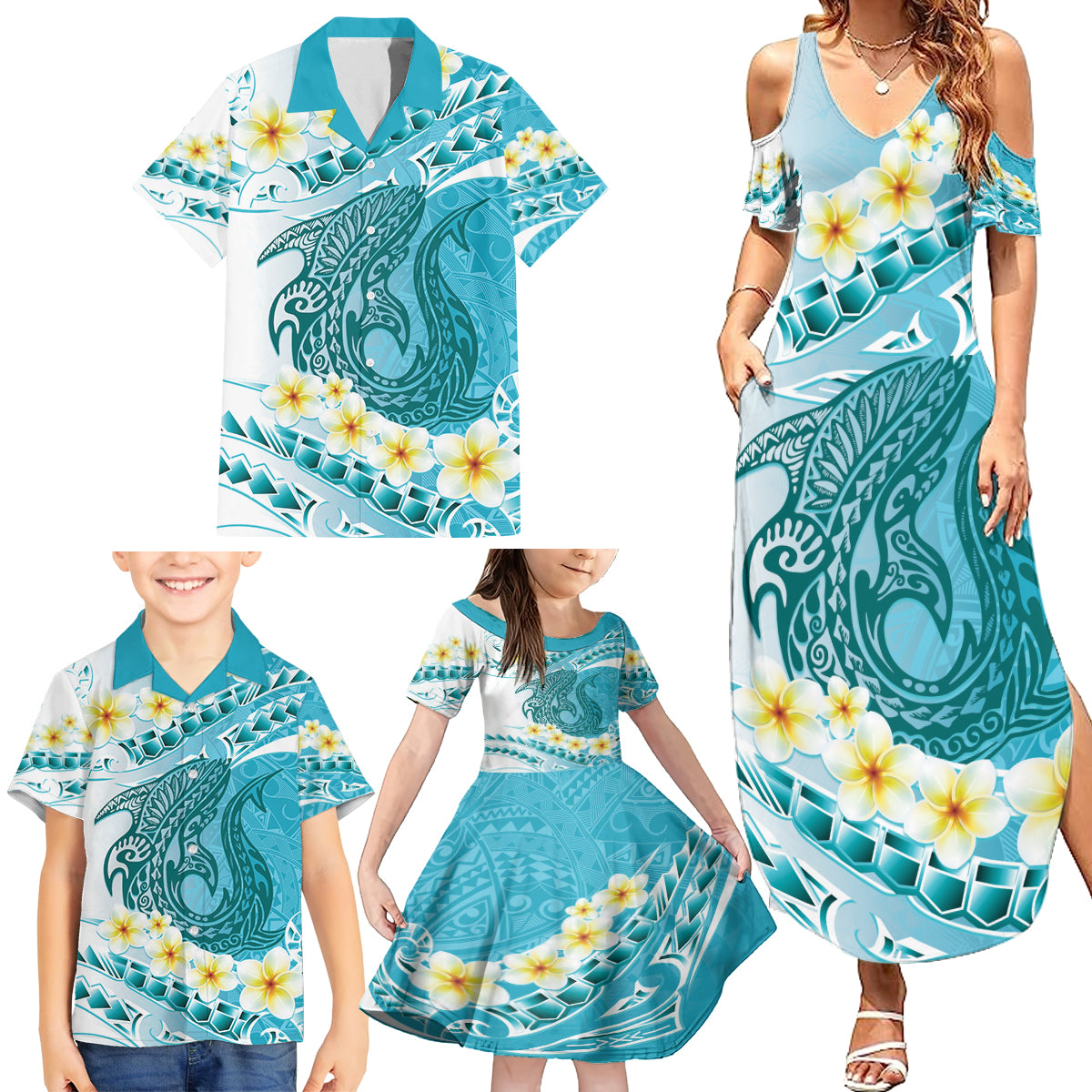 Turquoise Hawaii Shark Tattoo Family Matching Summer Maxi Dress and Hawaiian Shirt Frangipani With Polynesian Pastel Version LT14 - Polynesian Pride