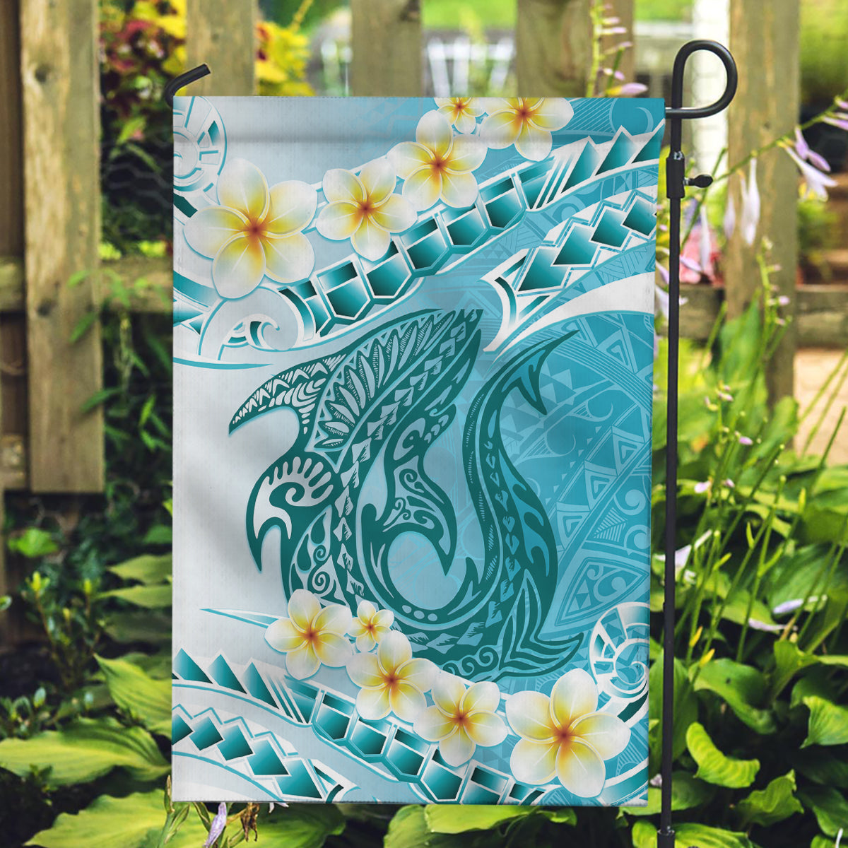 Turquoise Hawaii Shark Tattoo Garden Flag Frangipani With Polynesian Pastel Version LT14 Garden Flag Turquoise - Polynesian Pride