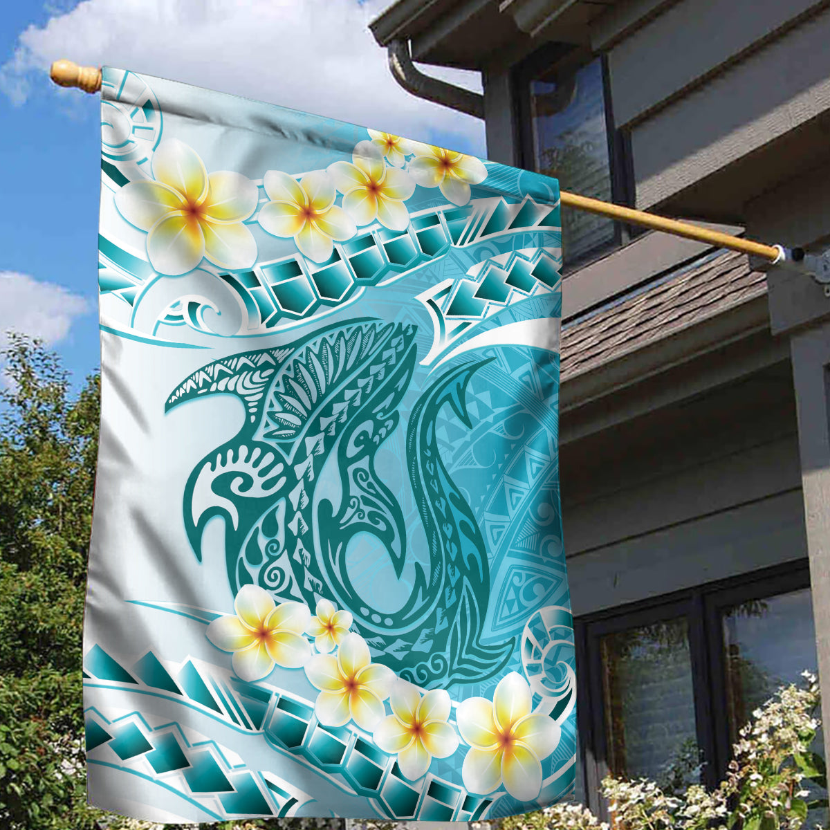 Turquoise Hawaii Shark Tattoo Garden Flag Frangipani With Polynesian Pastel Version LT14 - Polynesian Pride