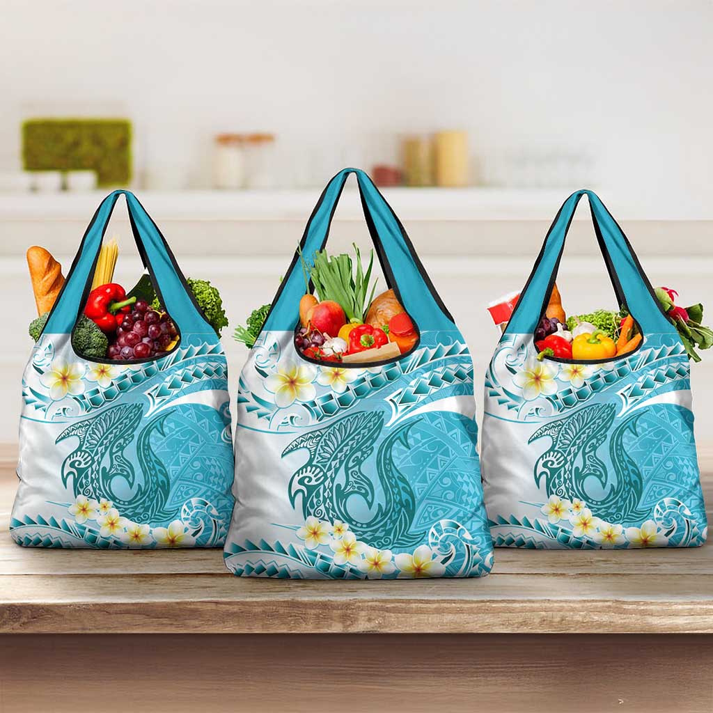 Turquoise Hawaii Shark Tattoo Grocery Bag Frangipani With Polynesian Pastel Version LT14 3-pack One Size Turquoise - Polynesian Pride