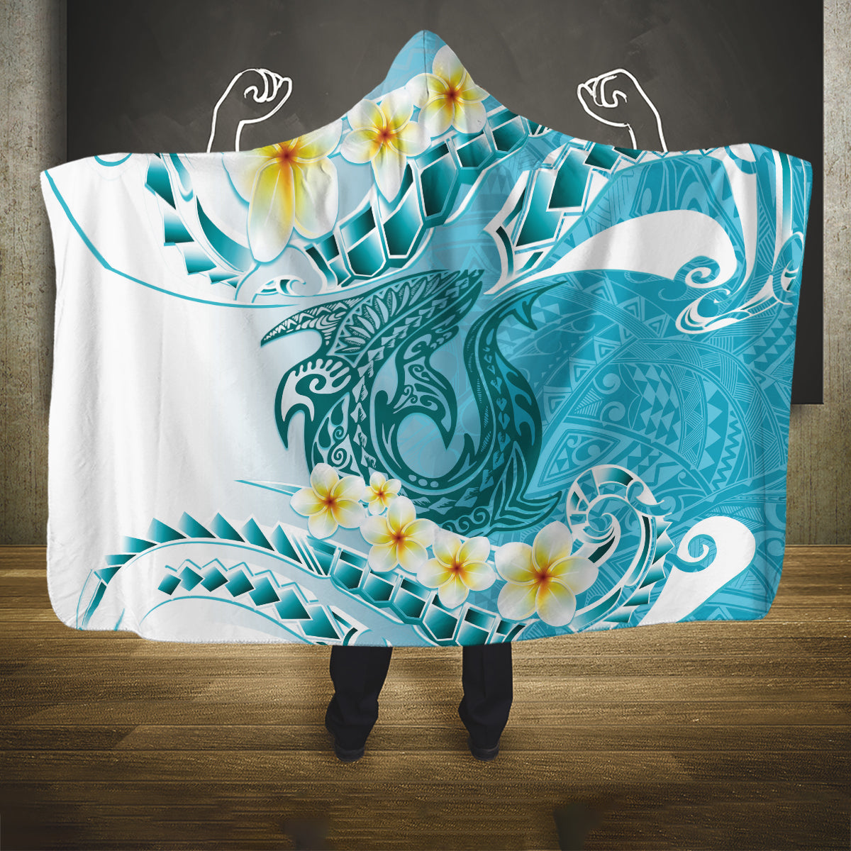 Turquoise Hawaii Shark Tattoo Hooded Blanket Frangipani With Polynesian Pastel Version LT14 One Size Turquoise - Polynesian Pride