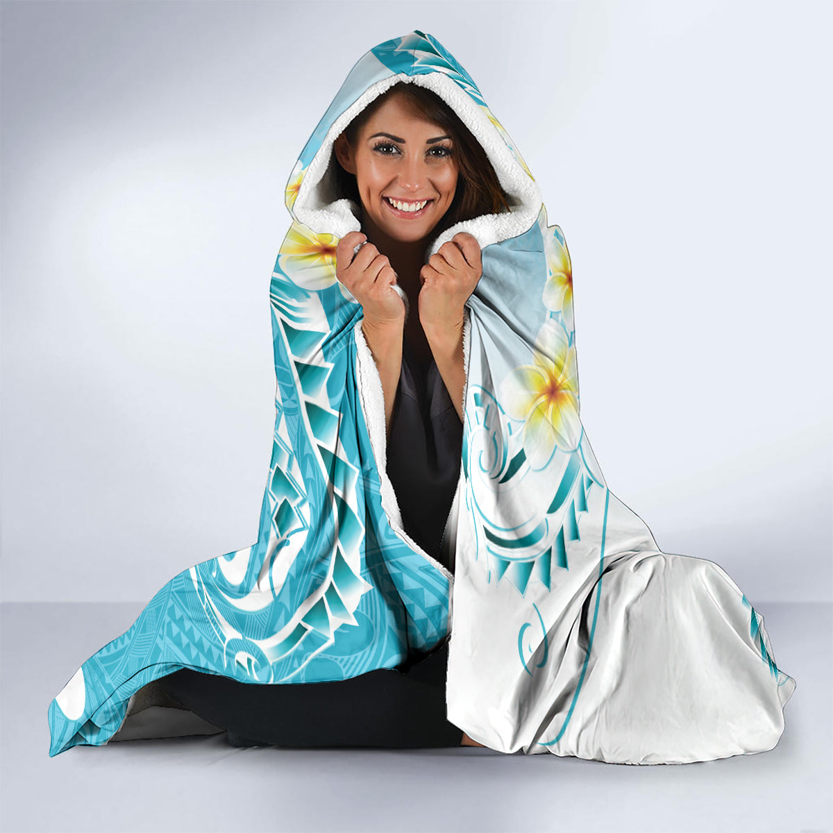 Turquoise Hawaii Shark Tattoo Hooded Blanket Frangipani With Polynesian Pastel Version LT14 - Polynesian Pride