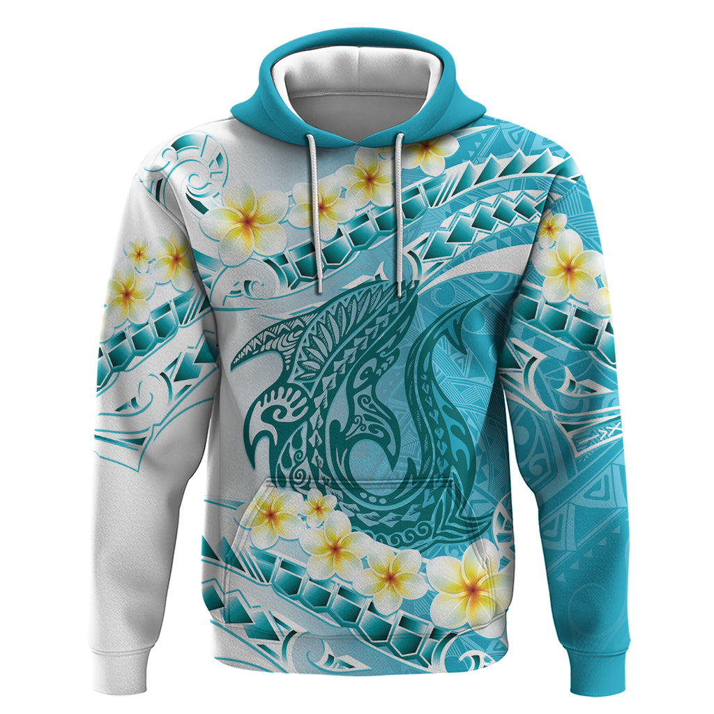 Turquoise Hawaii Shark Tattoo Hoodie Frangipani With Polynesian Pastel Version