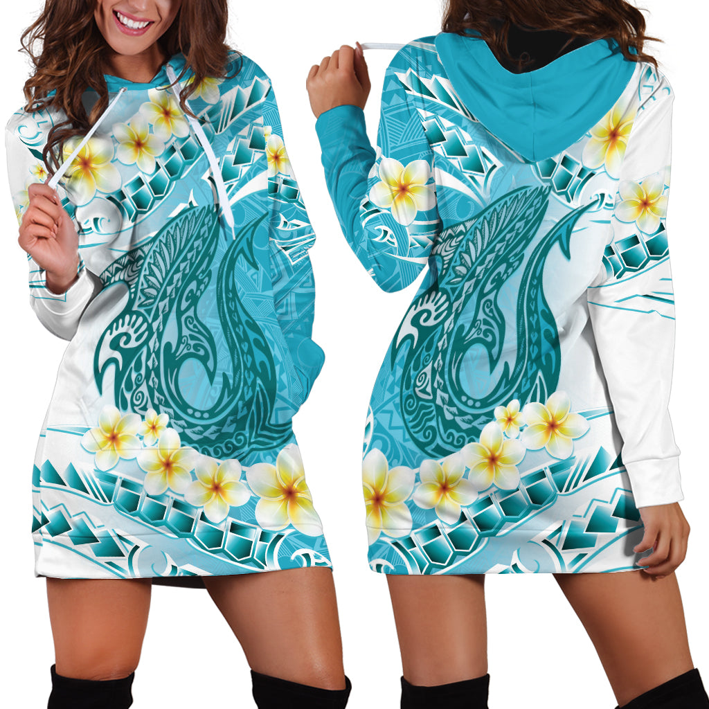 Turquoise Hawaii Shark Tattoo Hoodie Dress Frangipani With Polynesian Pastel Version LT14 - Polynesian Pride