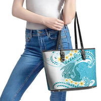 Turquoise Hawaii Shark Tattoo Leather Tote Bag Frangipani With Polynesian Pastel Version LT14 - Polynesian Pride