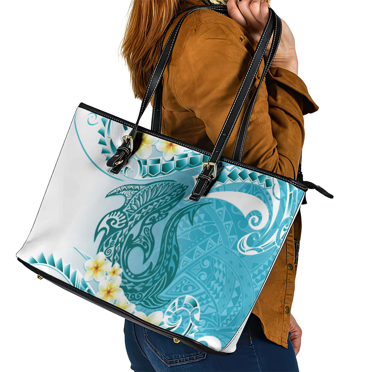 Turquoise Hawaii Shark Tattoo Leather Tote Bag Frangipani With Polynesian Pastel Version LT14 - Polynesian Pride