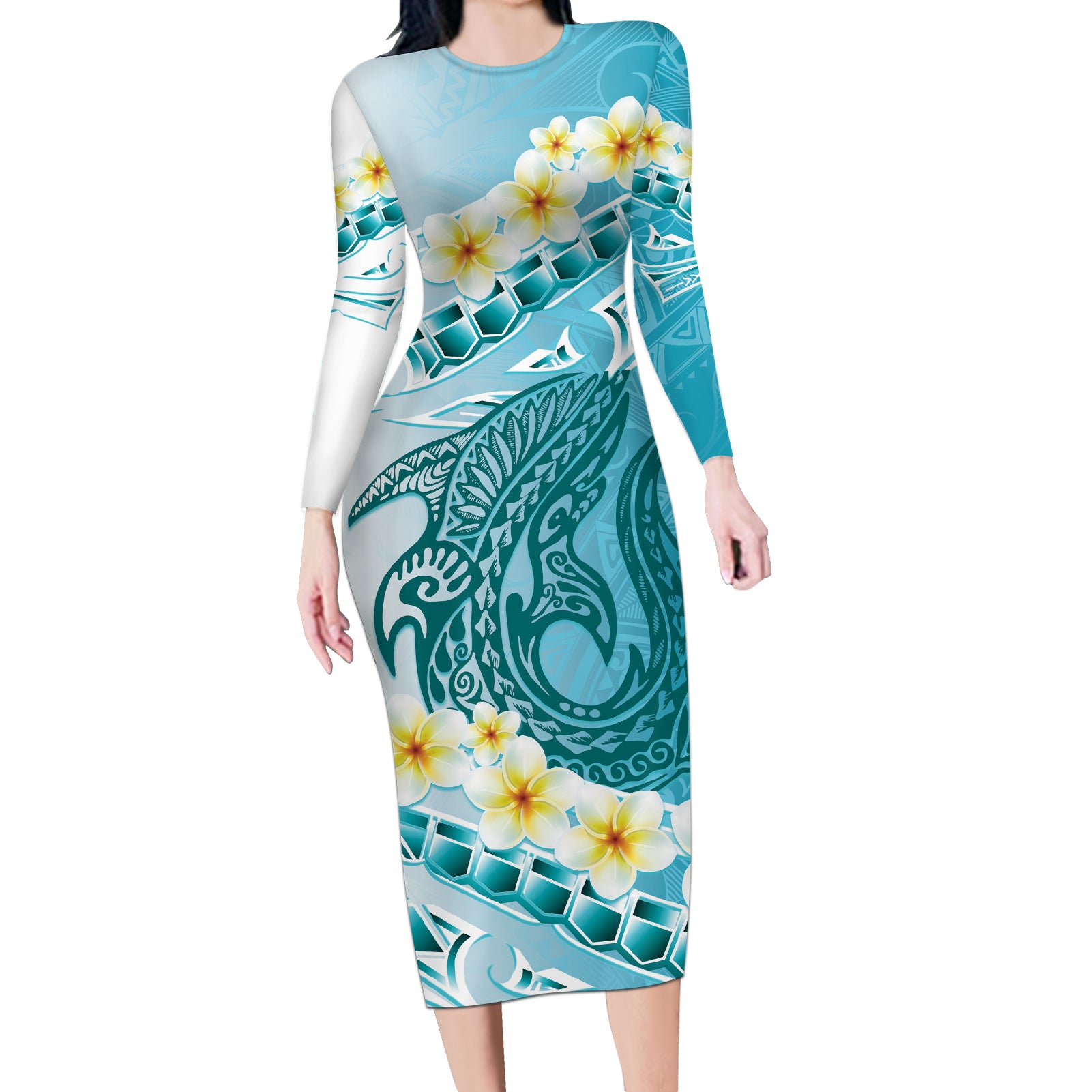 Turquoise Hawaii Shark Tattoo Long Sleeve Bodycon Dress Frangipani With Polynesian Pastel Version