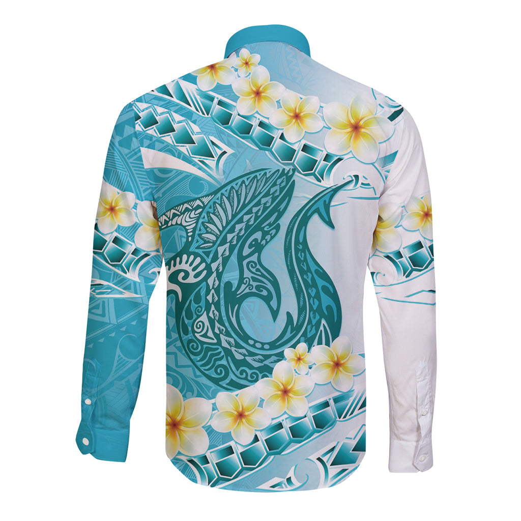 Turquoise Hawaii Shark Tattoo Long Sleeve Button Shirt Frangipani With Polynesian Pastel Version