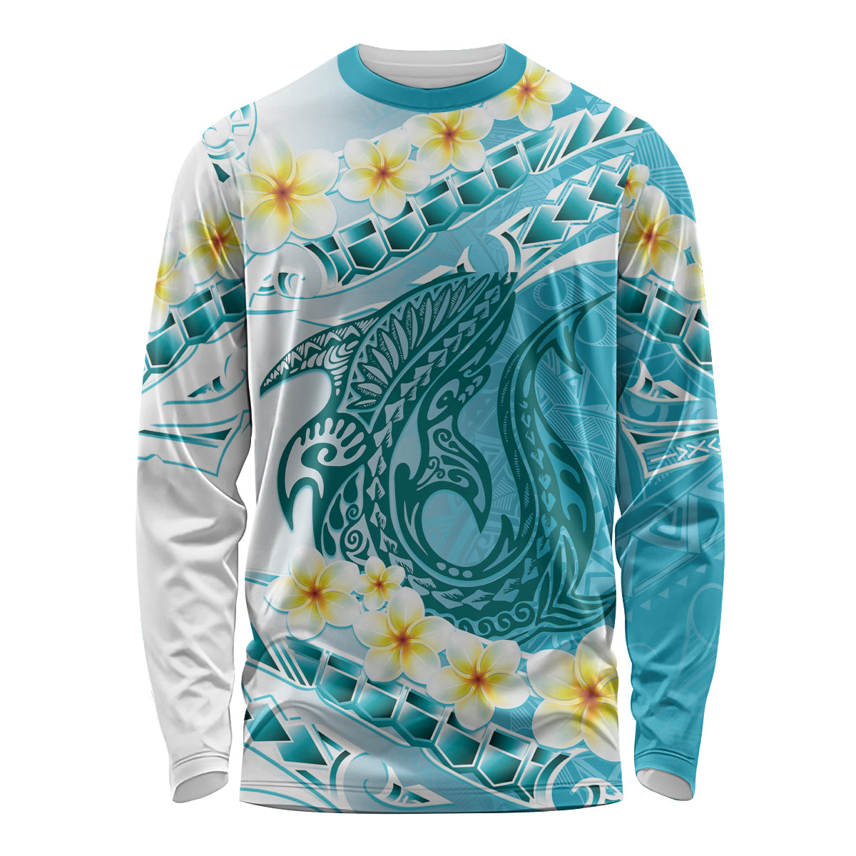 Turquoise Hawaii Shark Tattoo Long Sleeve Shirt Frangipani With Polynesian Pastel Version