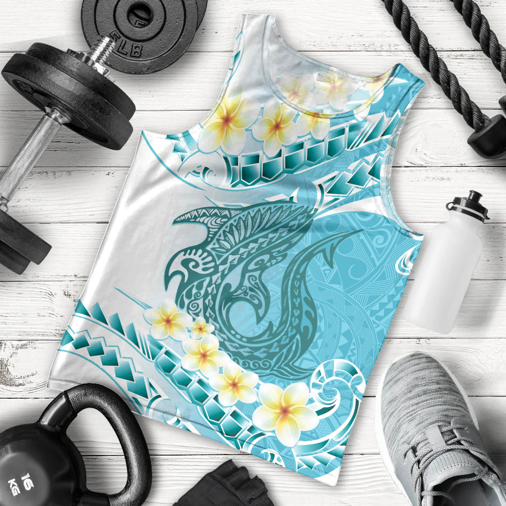 Turquoise Hawaii Shark Tattoo Men Tank Top Frangipani With Polynesian Pastel Version LT14 - Polynesian Pride