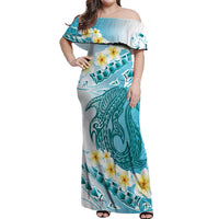 Turquoise Hawaii Shark Tattoo Off Shoulder Maxi Dress Frangipani With Polynesian Pastel Version LT14 Women Turquoise - Polynesian Pride