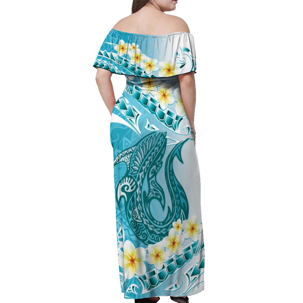 Turquoise Hawaii Shark Tattoo Off Shoulder Maxi Dress Frangipani With Polynesian Pastel Version LT14 - Polynesian Pride