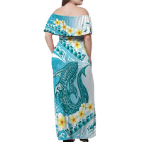 Turquoise Hawaii Shark Tattoo Off Shoulder Maxi Dress Frangipani With Polynesian Pastel Version LT14 - Polynesian Pride