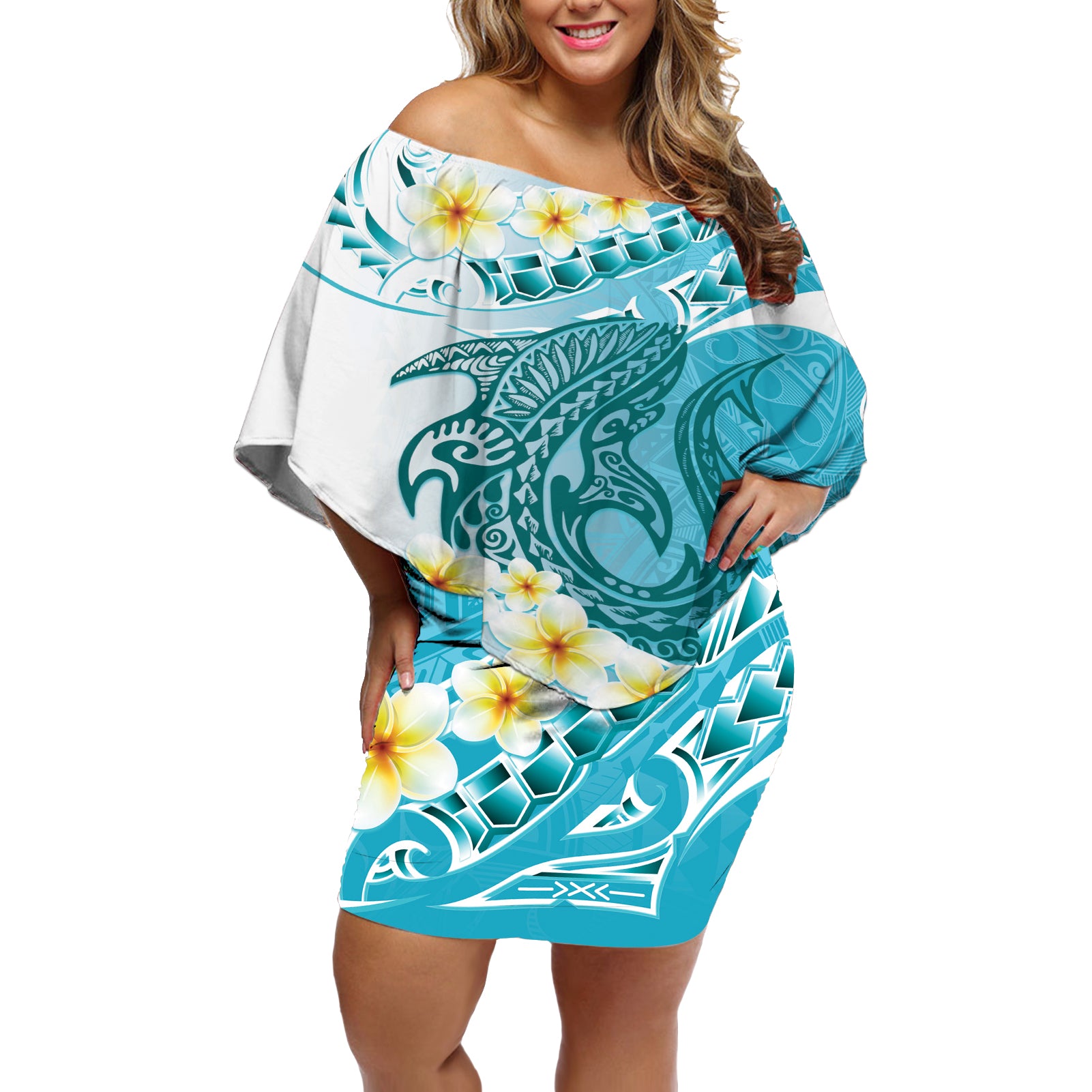 Turquoise Hawaii Shark Tattoo Off Shoulder Short Dress Frangipani With Polynesian Pastel Version