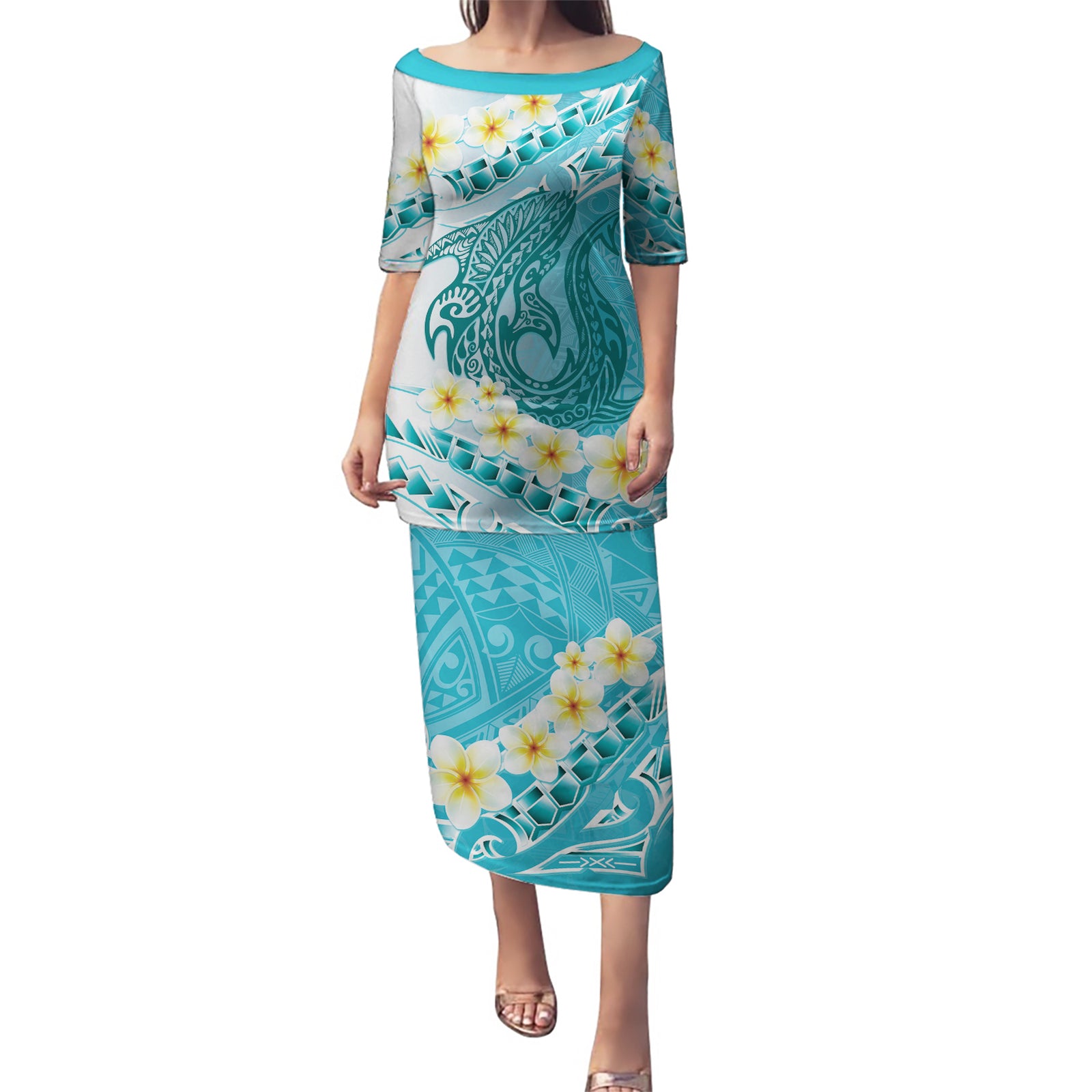 Turquoise Hawaii Shark Tattoo Puletasi Frangipani With Polynesian Pastel Version LT14 Long Dress Turquoise - Polynesian Pride