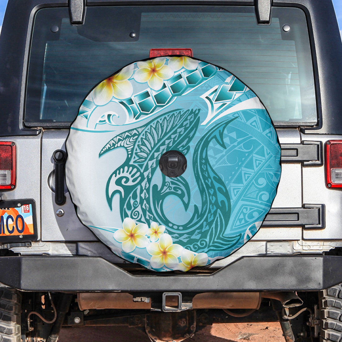 Turquoise Hawaii Shark Tattoo Spare Tire Cover Frangipani With Polynesian Pastel Version LT14 Turquoise - Polynesian Pride