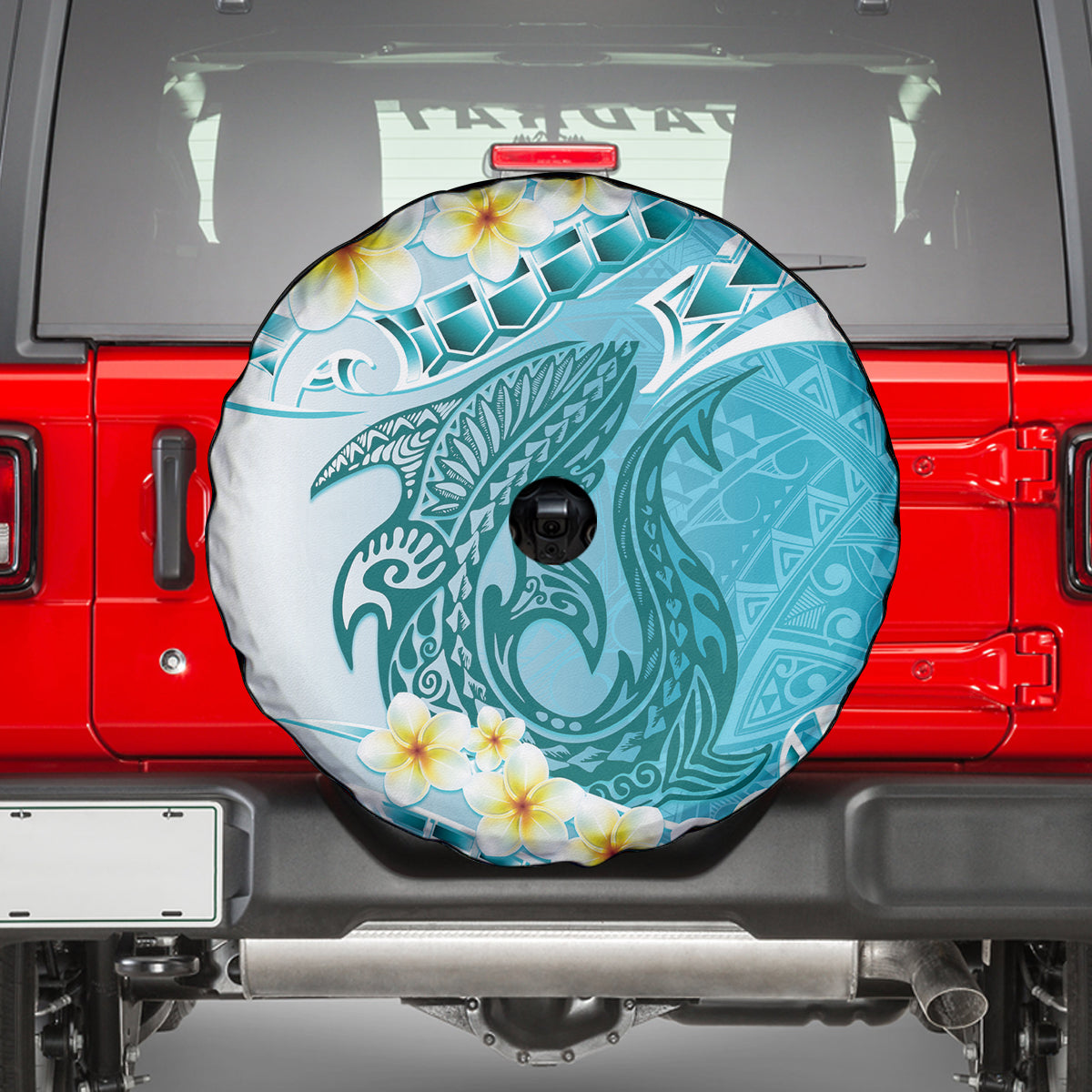 Turquoise Hawaii Shark Tattoo Spare Tire Cover Frangipani With Polynesian Pastel Version LT14 - Polynesian Pride