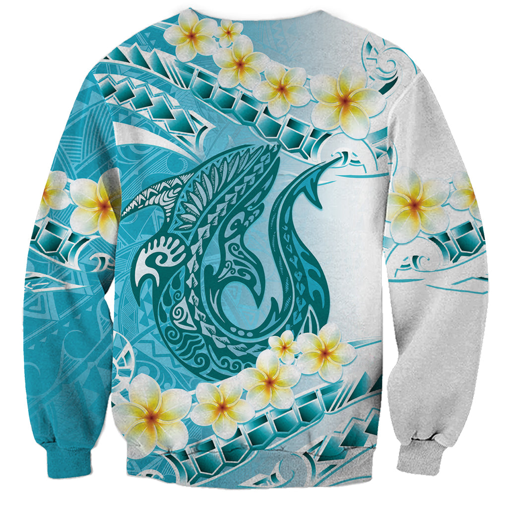 Turquoise Hawaii Shark Tattoo Sweatshirt Frangipani With Polynesian Pastel Version LT14 - Polynesian Pride