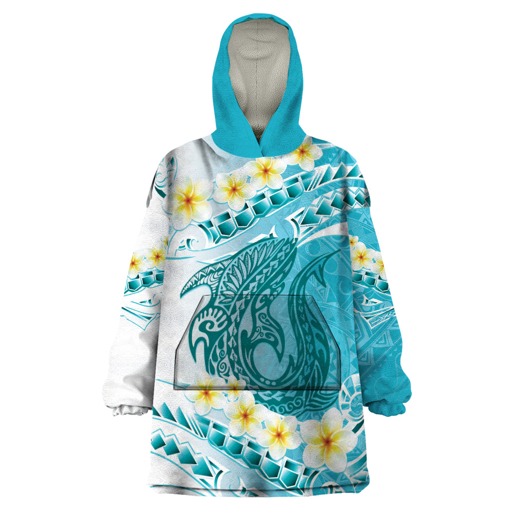 Turquoise Hawaii Shark Tattoo Wearable Blanket Hoodie Frangipani With Polynesian Pastel Version LT14 One Size Turquoise - Polynesian Pride