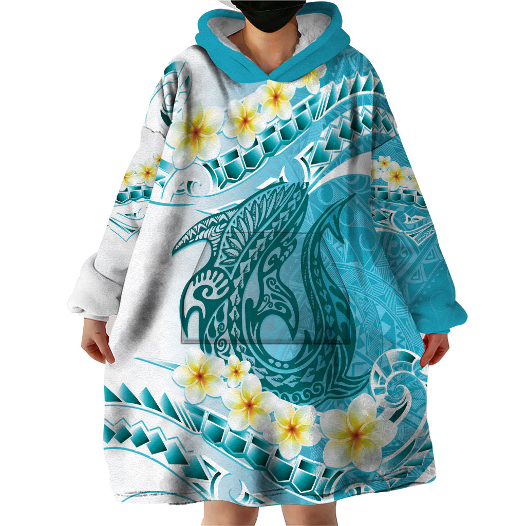 Turquoise Hawaii Shark Tattoo Wearable Blanket Hoodie Frangipani With Polynesian Pastel Version LT14 - Polynesian Pride