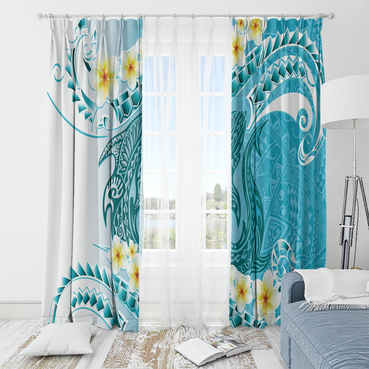 Turquoise Hawaii Shark Tattoo Window Curtain Frangipani With Polynesian Pastel Version LT14 - Polynesian Pride