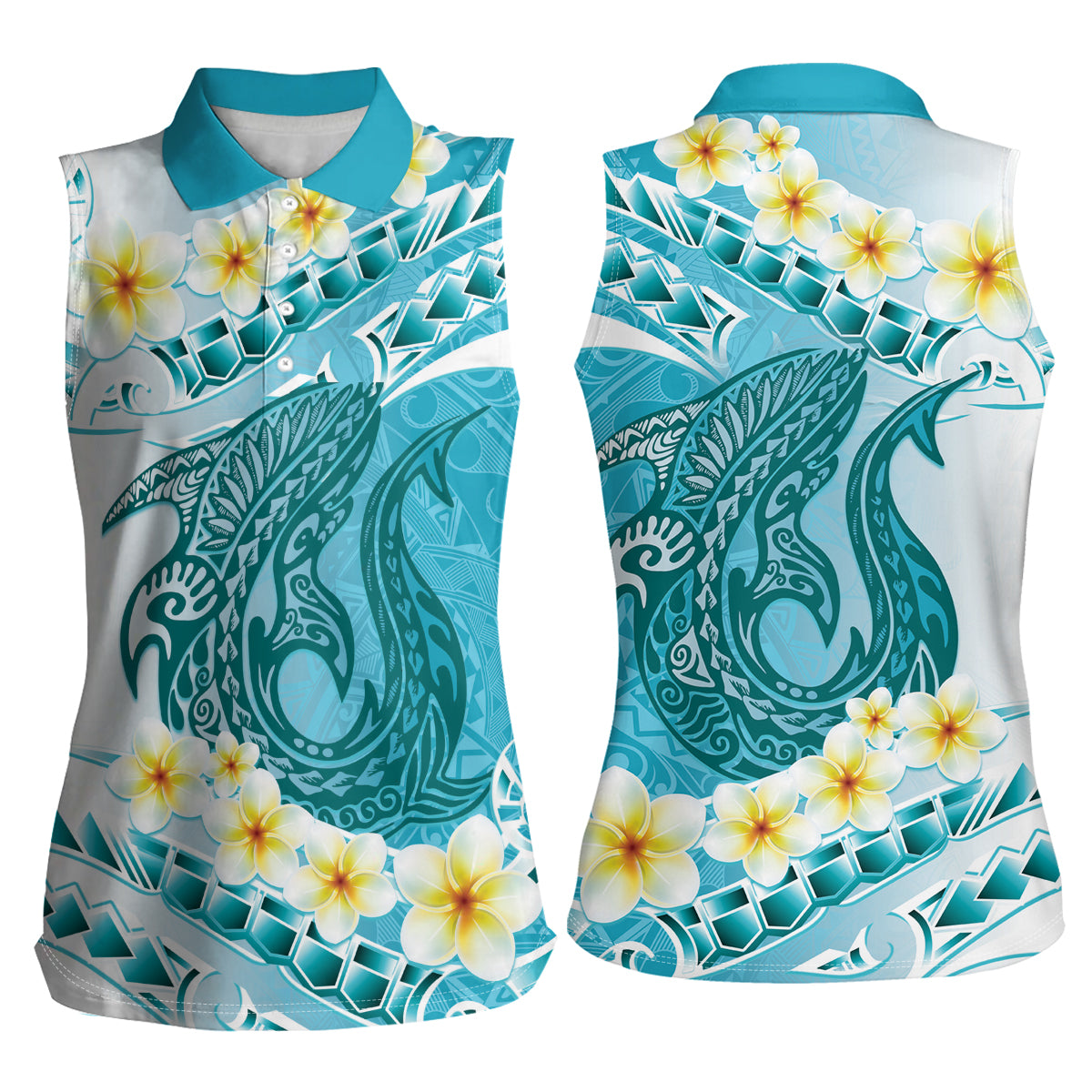 Turquoise Hawaii Shark Tattoo Women Sleeveless Polo Shirt Frangipani With Polynesian Pastel Version