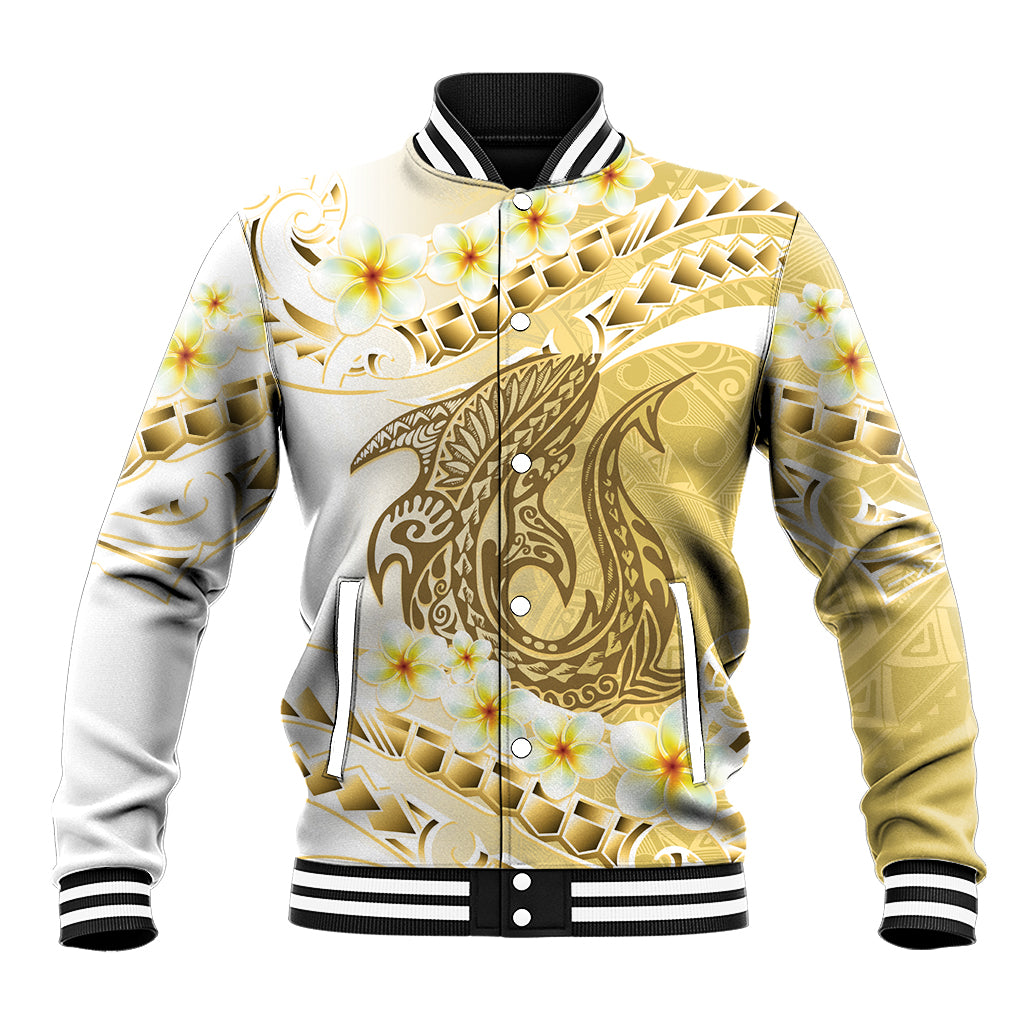 Gold Hawaii Shark Tattoo Baseball Jacket Frangipani With Polynesian Pastel Version LT14 Unisex Gold - Polynesian Pride