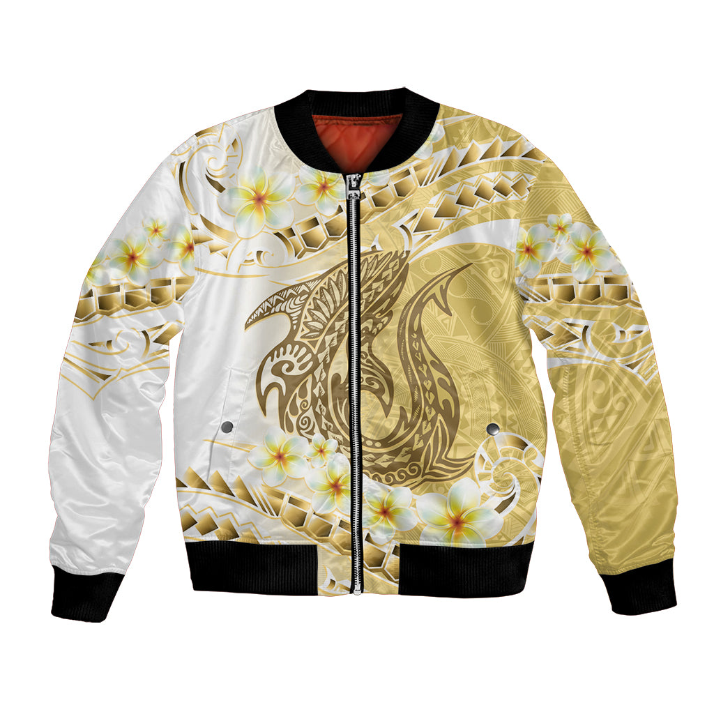 Gold Hawaii Shark Tattoo Bomber Jacket Frangipani With Polynesian Pastel Version LT14 Unisex Gold - Polynesian Pride