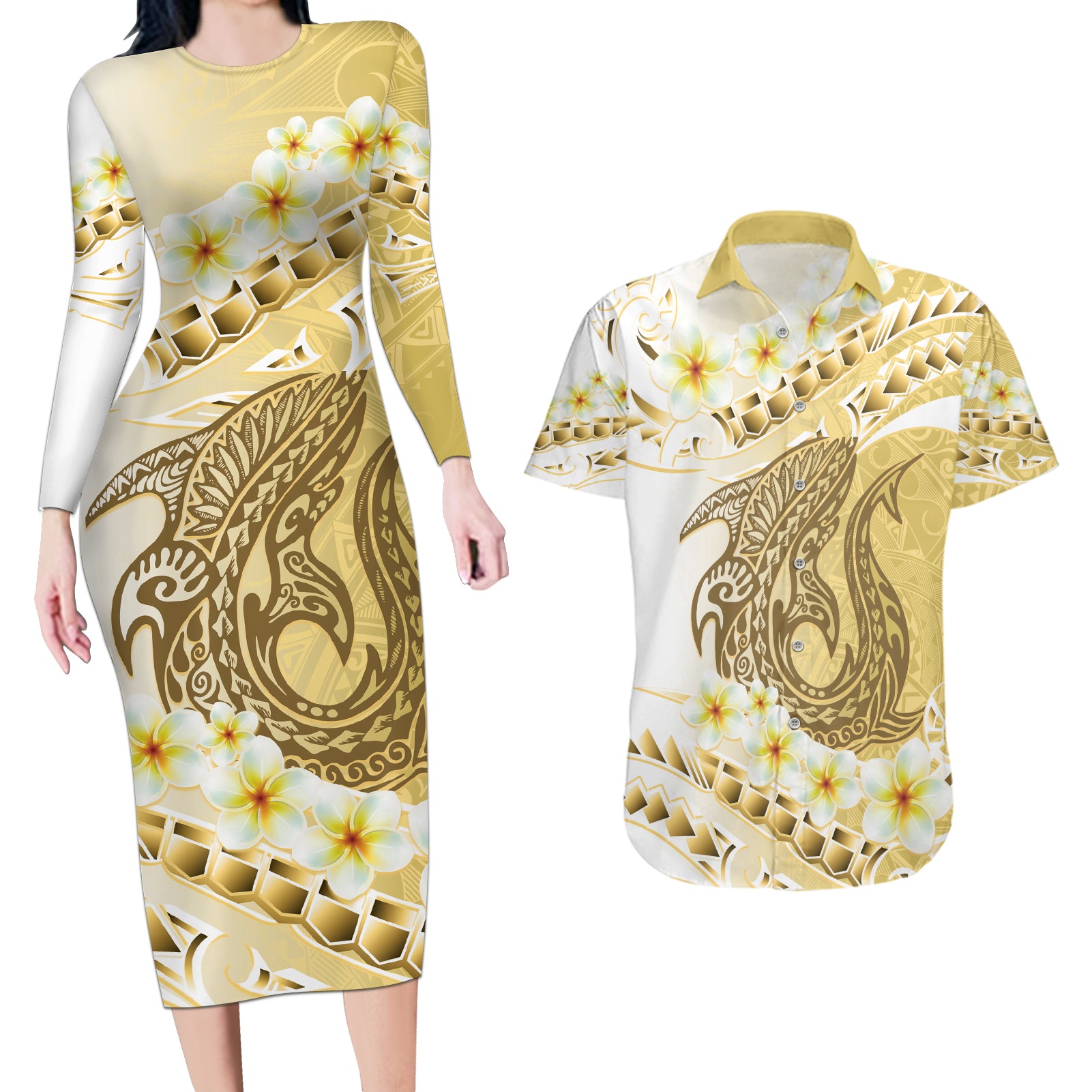 Gold Hawaii Shark Tattoo Couples Matching Long Sleeve Bodycon Dress and Hawaiian Shirt Frangipani With Polynesian Pastel Version