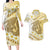 Gold Hawaii Shark Tattoo Couples Matching Long Sleeve Bodycon Dress and Hawaiian Shirt Frangipani With Polynesian Pastel Version