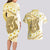 Gold Hawaii Shark Tattoo Couples Matching Long Sleeve Bodycon Dress and Hawaiian Shirt Frangipani With Polynesian Pastel Version