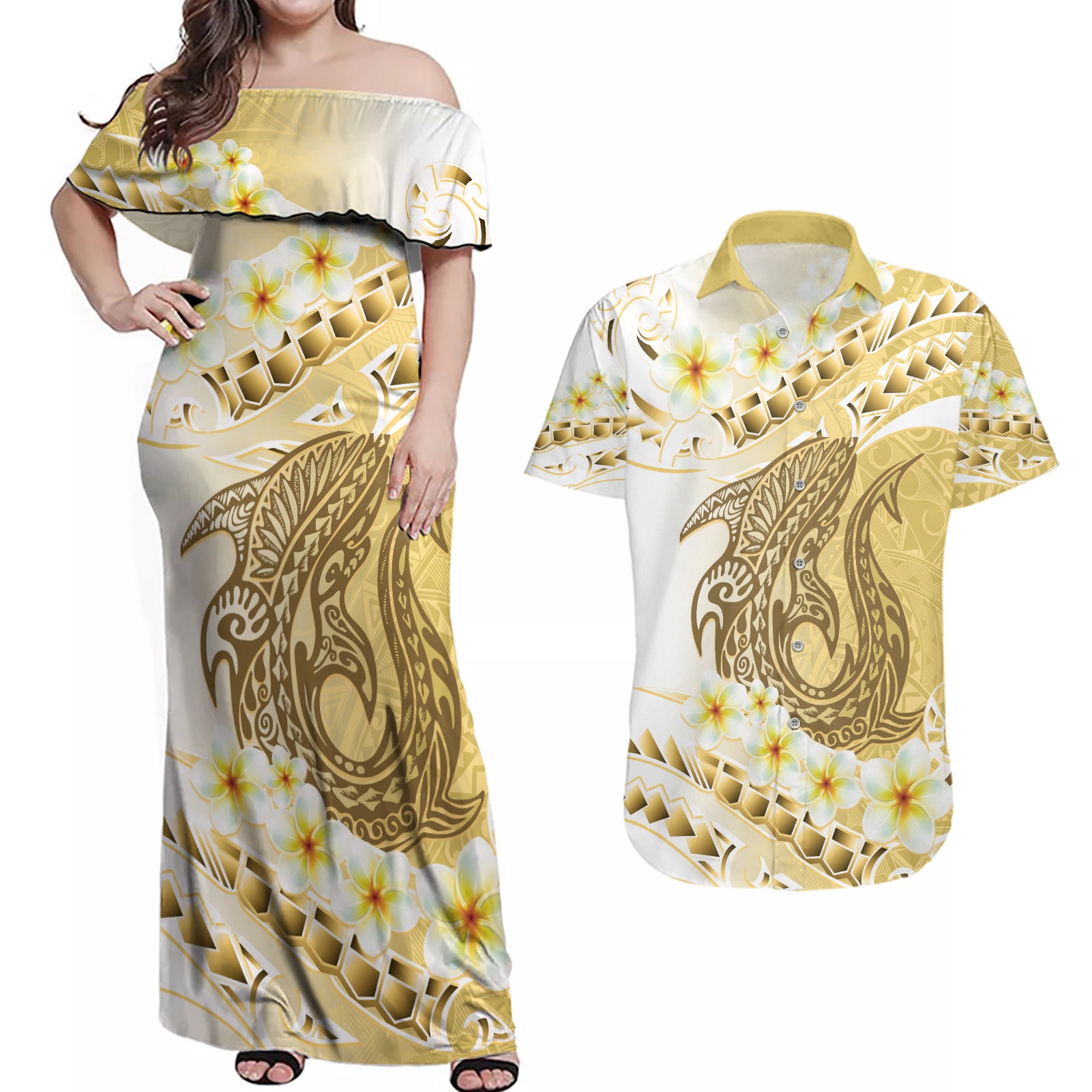 Gold Hawaii Shark Tattoo Couples Matching Off Shoulder Maxi Dress and Hawaiian Shirt Frangipani With Polynesian Pastel Version