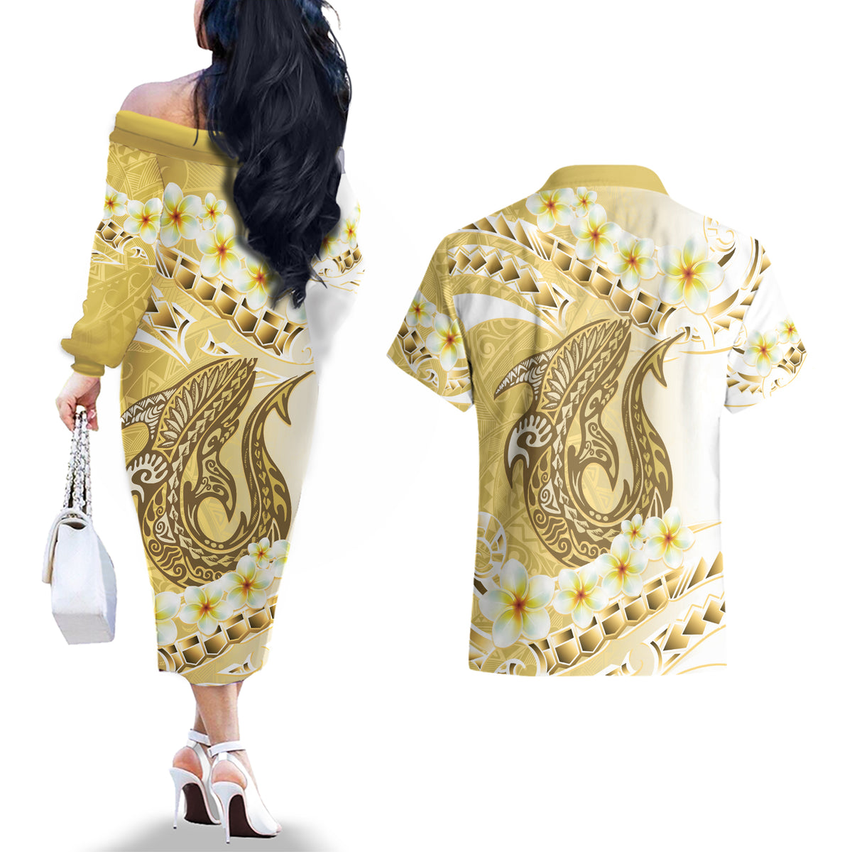 Gold Hawaii Shark Tattoo Couples Matching Off The Shoulder Long Sleeve Dress and Hawaiian Shirt Frangipani With Polynesian Pastel Version