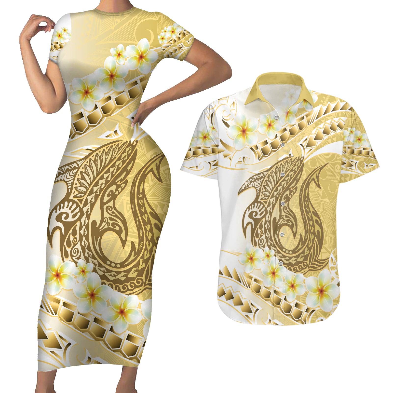 Gold Hawaii Shark Tattoo Couples Matching Short Sleeve Bodycon Dress and Hawaiian Shirt Frangipani With Polynesian Pastel Version