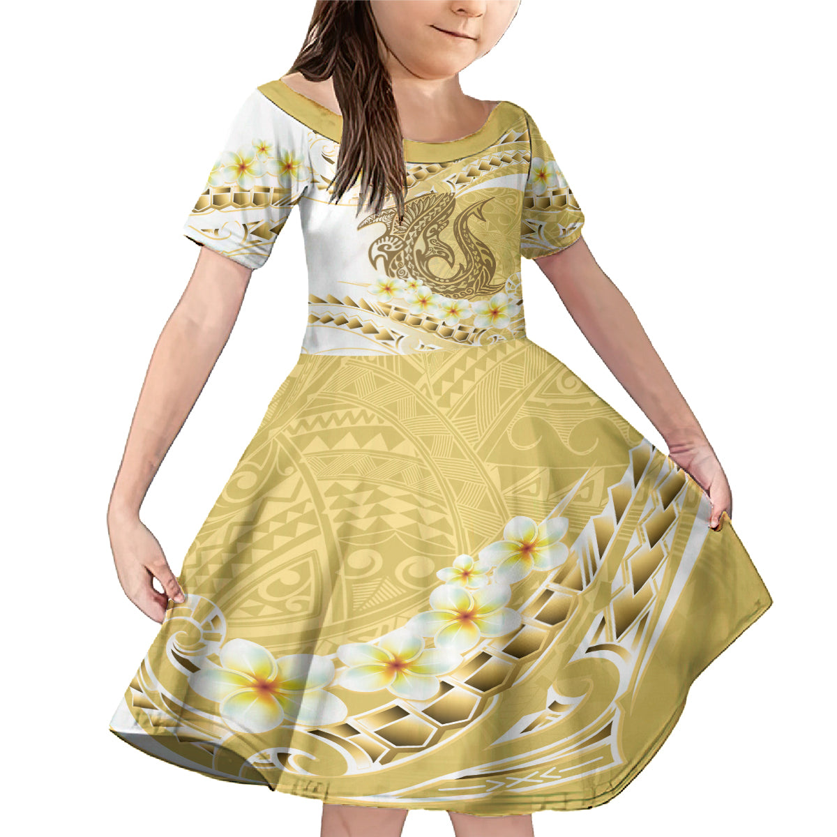 Gold Hawaii Shark Tattoo Family Matching Mermaid Dress and Hawaiian Shirt Frangipani With Polynesian Pastel Version