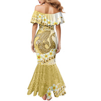 Gold Hawaii Shark Tattoo Family Matching Mermaid Dress and Hawaiian Shirt Frangipani With Polynesian Pastel Version