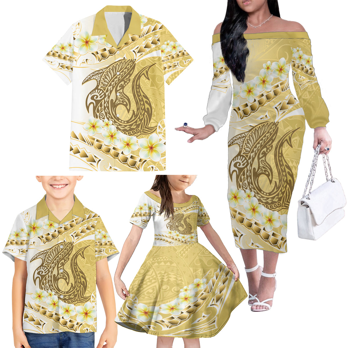 Gold Hawaii Shark Tattoo Family Matching Off The Shoulder Long Sleeve Dress and Hawaiian Shirt Frangipani With Polynesian Pastel Version