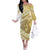 Gold Hawaii Shark Tattoo Family Matching Off The Shoulder Long Sleeve Dress and Hawaiian Shirt Frangipani With Polynesian Pastel Version