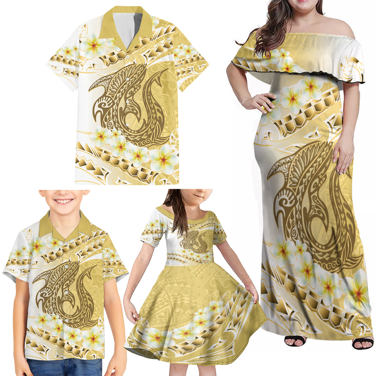 Gold Hawaii Shark Tattoo Family Matching Off Shoulder Maxi Dress and Hawaiian Shirt Frangipani With Polynesian Pastel Version LT14 - Polynesian Pride