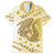 Gold Hawaii Shark Tattoo Family Matching Off Shoulder Short Dress and Hawaiian Shirt Frangipani With Polynesian Pastel Version