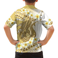 Gold Hawaii Shark Tattoo Family Matching Short Sleeve Bodycon Dress and Hawaiian Shirt Frangipani With Polynesian Pastel Version